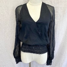 Halston Heritage black silk surplice peasant top with smocked band/cuffs size 0