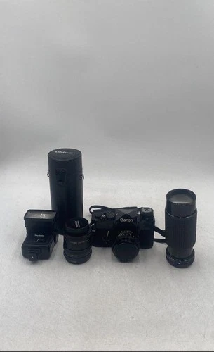 Canon F1 Black Manual Focus 35mm SLR Film Camera With Lenses Flash & Accessories