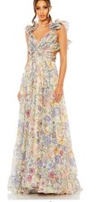 Mac Duggal Nude Multi Pleated Floral Lace Up Back Cut Out Gown Size 12