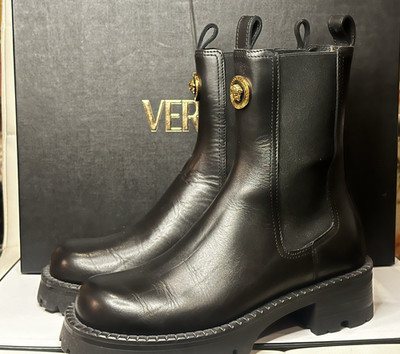 Auth Versace Black Leather Vitello Biker Boots Black Gold Box Dustbag EUC Sz 37
