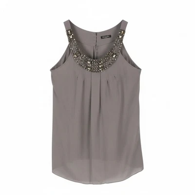 Massimo Dutti T-Shirt Femme S Gris En Soie Débardeur Plissé À Perles - Photo 1/4