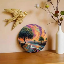 2D Flat1pcs Large Round Aluminum Wall Decoration Vintage Landscape Painting, Tra