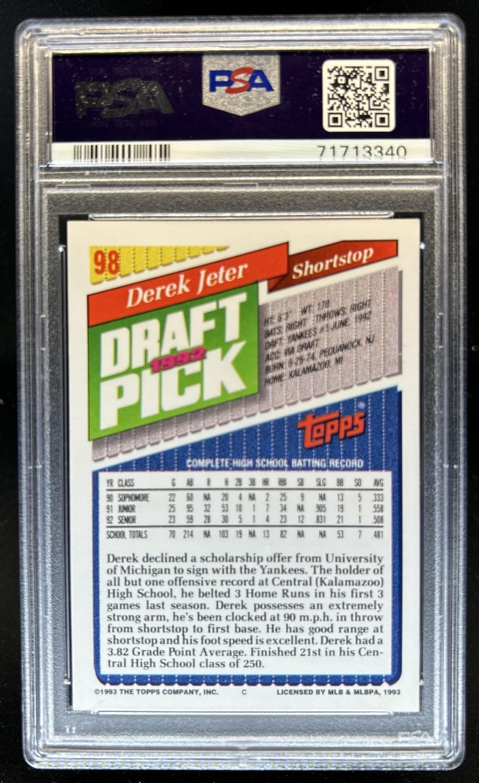 1993 Topps Derek Jeter Rookie RC #98 New York Yankees PSA 10 GEM MINT view 2