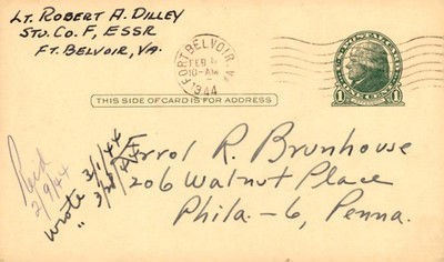 Lt. Robert A. Dilley Correspondence with Ferrol R. Brunhouse, 1944 Postcard