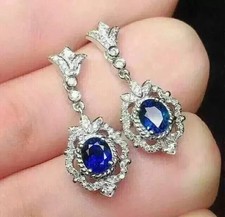 3Ct Oval Cut Lab Created Sapphire Drop/Dangle Earrings 14K White Gold Plated
