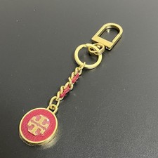 Tory Burch Keychain Charm Leather Braided Gold x Red