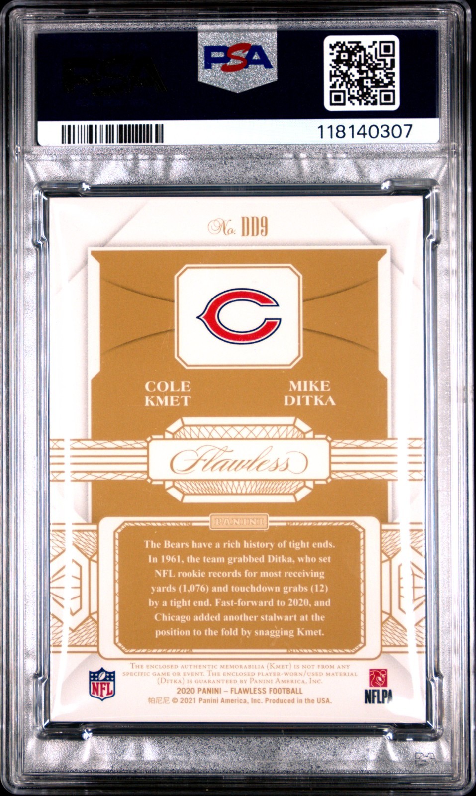 2020 Panini Flawless Cole Kmet / Mike Ditka #DD9 Dual Diamond Mem. Platinum 1/1 view 2
