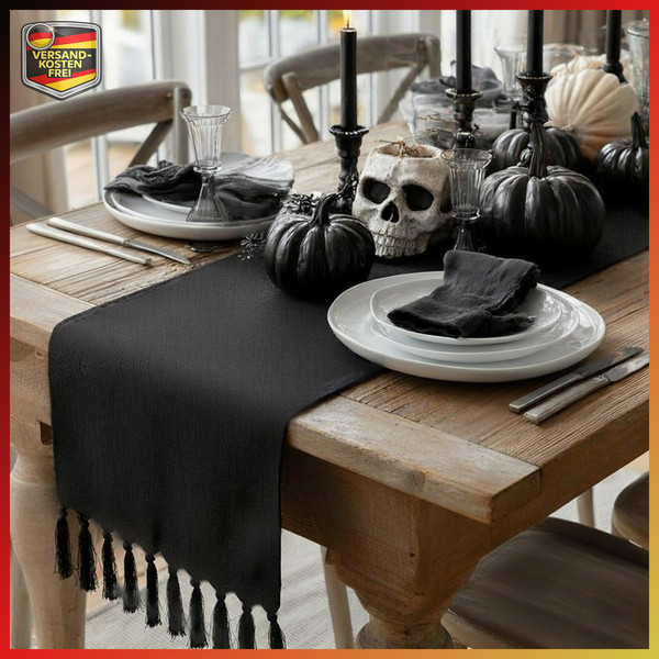 TischläUfer Schwarz Landhausstil Quasten Waschbar 33X183 Cm KüChe Dekoration-image