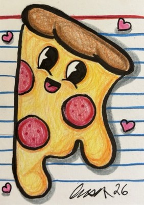 ACEO, Cute Pizza Drawing, Cute Food, Amimi_makes, 2.5  x 3.5 