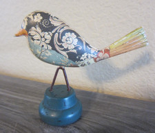 Folk Art Bird Figurine Multicolor on Wooden Base Decor 4" Tall