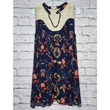 Umgee Boho Floral Dress Small Navy Lace Back Keyhole Neck Shift Tunic A2193