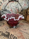 Vintage FENTON Cranberry Ruffled White-Crested Edge Brides Basket Silver Plated