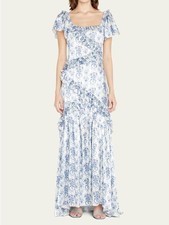 LoveShackFancy Kenya Ruffled White and Blue Floral Maxi Dress Size 2