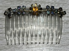 Vintage Hair COMB Barrette Flower W Aurora Borealis RHINESTONE Crystal 3  