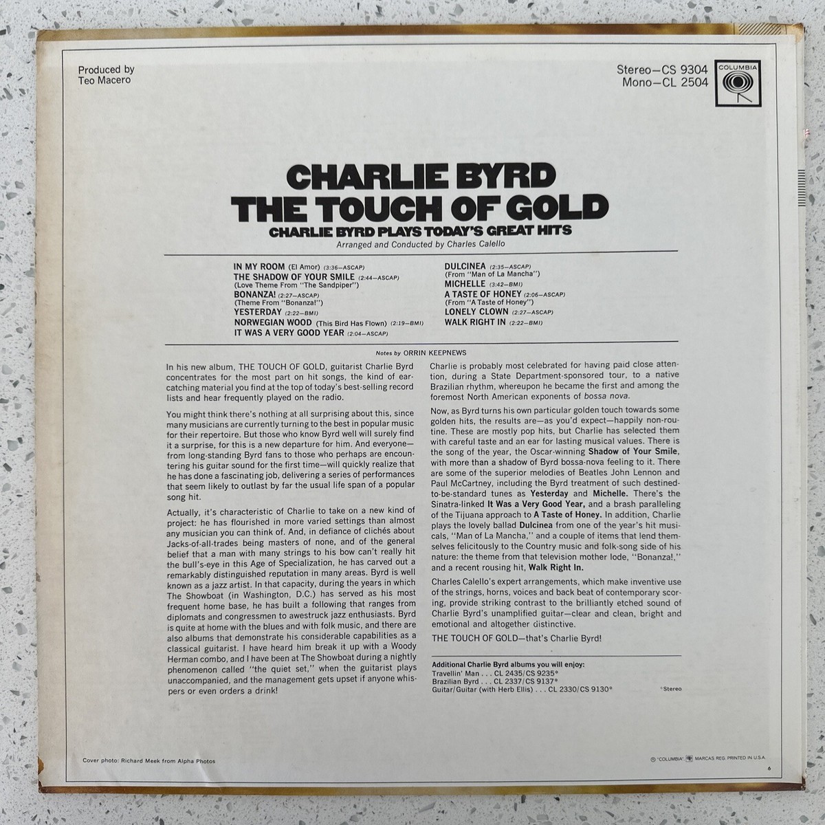 Charlie Byrd – The Touch Of Gold - Columbia CS 9304 - Stereo - LP