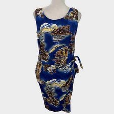Vintage Hilo Hattie Blue Island Palm Tree Wrap Front Hawaiian Dress Small