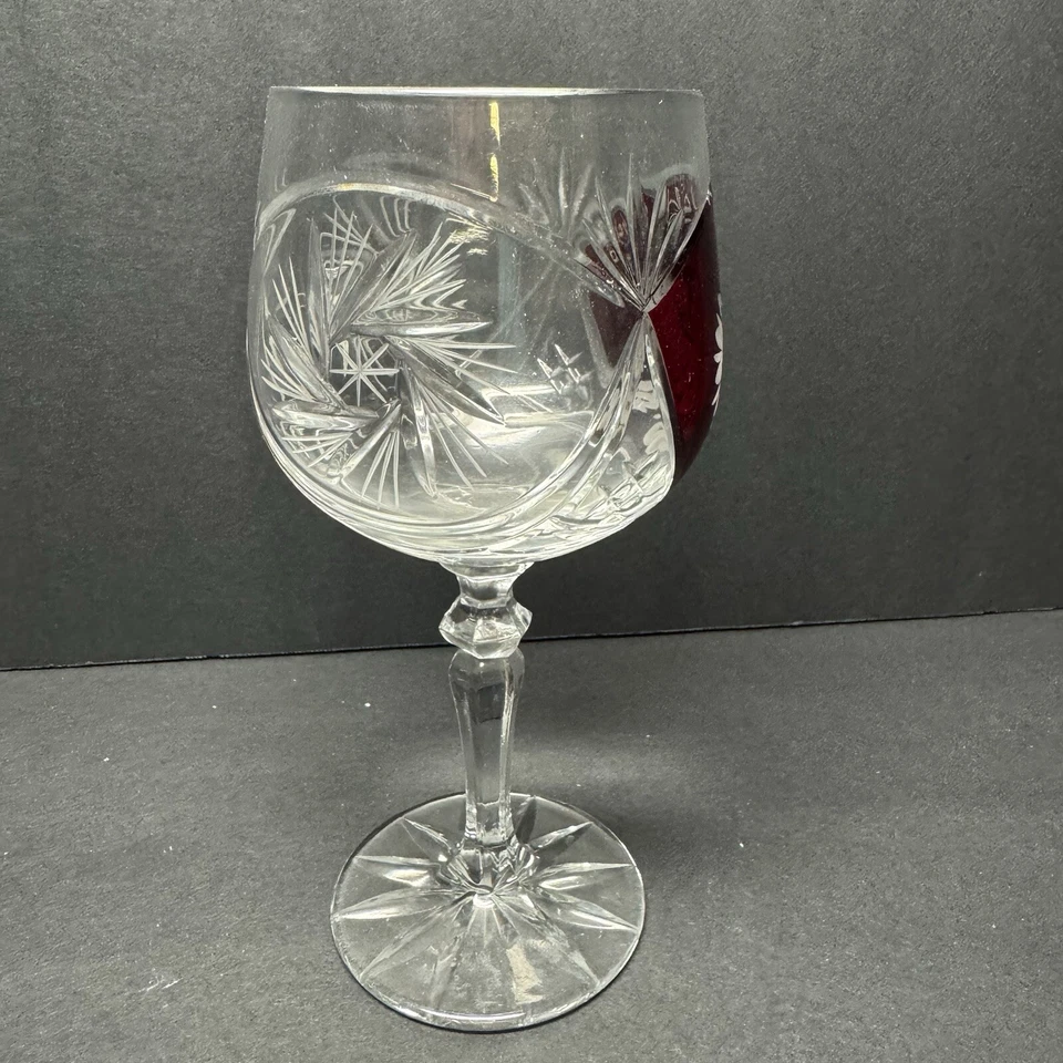 Bohemian Style Ruby Red Wine Goblet Glass Hand Cut POLSKA Poland Coat of Arms - Image 2 of 4