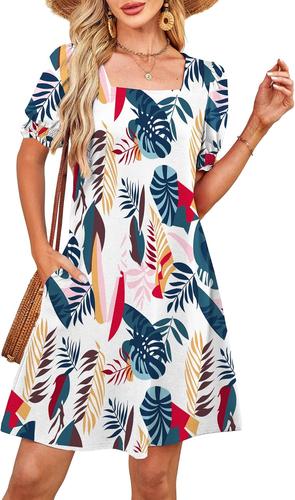 Summer Dresses for Women 2025 Casual Cute Square Neck Puff Short Sleeve Dress wi - Picture 11 of 25