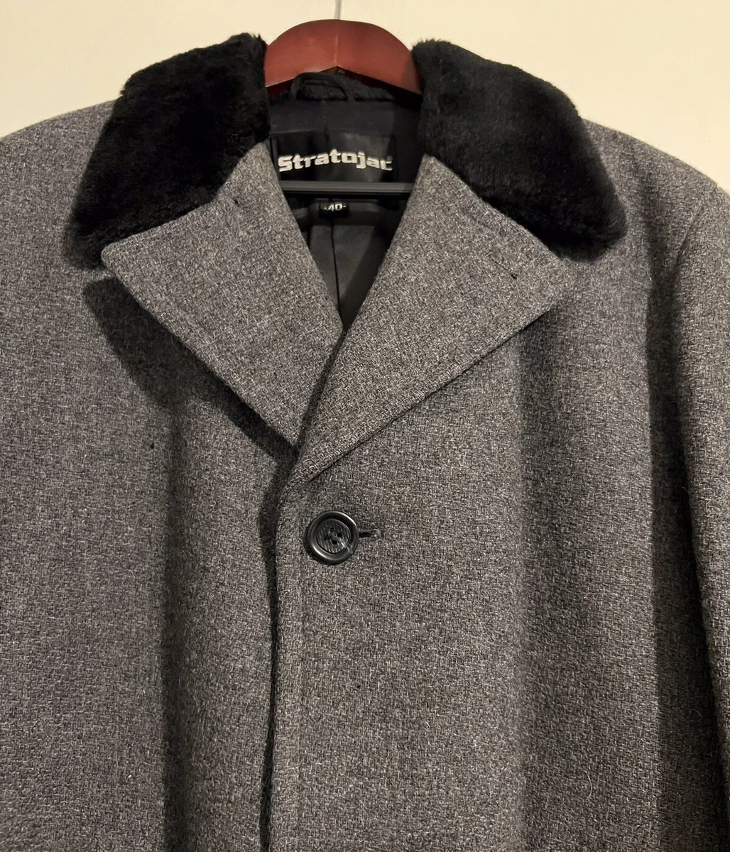 Stratojac Men s Grey Wool Tweed Buttons Faux Fur Collar Trim Coat Size 40