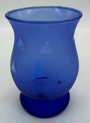 Cobalt Frosted Blue Glass with Triangle Design Candleholder /  Vase 4.5 