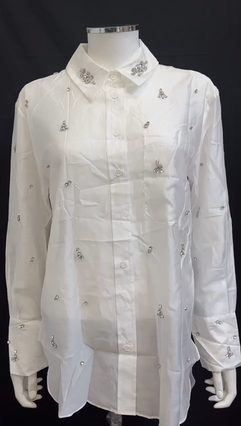 ZARA OYSTER WHITE RHINESTONES EMBROIDERED OVERSIZED POPLIN LONG