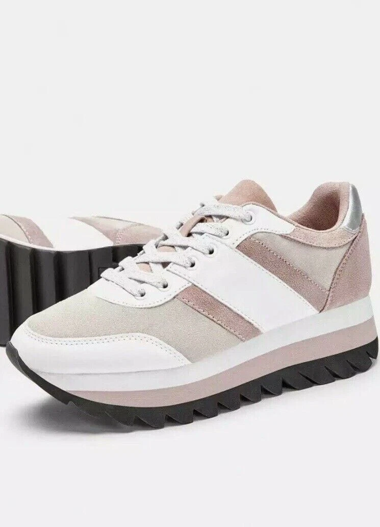 Zara Women Sneakers Contrasting Leather Pink White 3428 301 Size