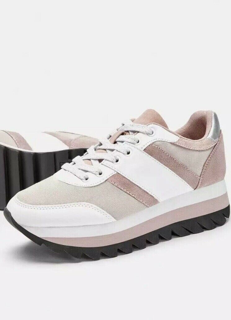 Zara Women Sneakers Contrasting Leather Pink White 3428/301 Size 7.5,8