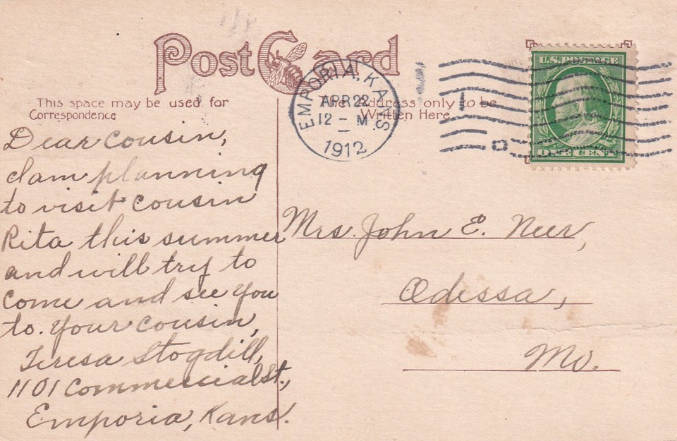 Emporia Kansas KS Post Office 1912 to Odessa MO Postcard D30 eBay