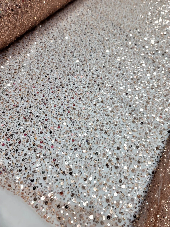 Beaded Design Rose Gold Sequin Embroidered Elegant Beads Mesh Fabric By The Yard - Image 2 of 4