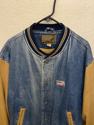 Vintage Port Authority Denim Varsity Jacket Button Snap Brown Size