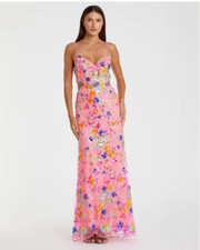 MAC DUGGAL 68067 PINK MULTI EMBELLISHED LACE STRAPPY COLUMN GOWN sz 2