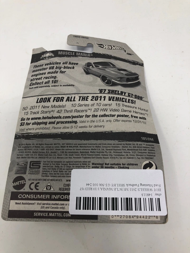 HOT WHEELS 2011 MUSCLE MANIA 1/10 RED '67 Ford Mustang Fastback SHELBY GT-500 10 - Image 2 of 2