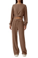 Women 2 Piece Outfits Sweatsuit Set Twist Front Cropped Sweatshirt Wide Leg S...