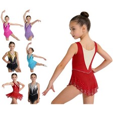 Kids Girls Dancewear Contemporary Dress Rhinestone Costume Mesh Figure Skating