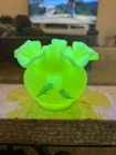 Fenton Custard Uranium Blue Birds Rose Bowl Vase HTF Glows Signed Gloria Finn