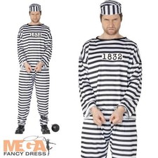 Convict Prisoner Mens Fancy Dress Robber Inmate Criminal Uniform Costume Outfit
