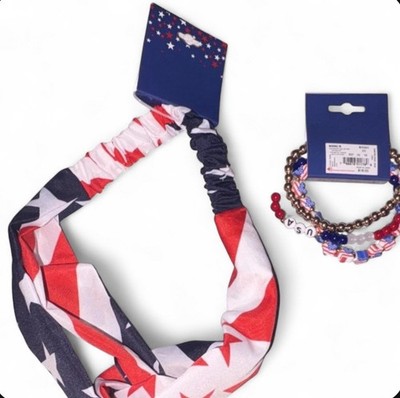 Patriotic Flag Fabric Headband Red White Blue Stars Beaded Bracelets Set