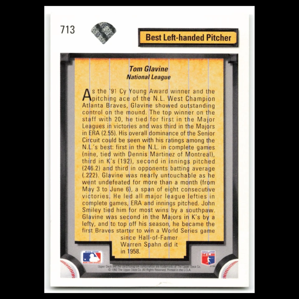 Tom Glavine #713 1992 Upper Deck Atlanta Braves Baseball Card MLB NM - Image 2 of 3