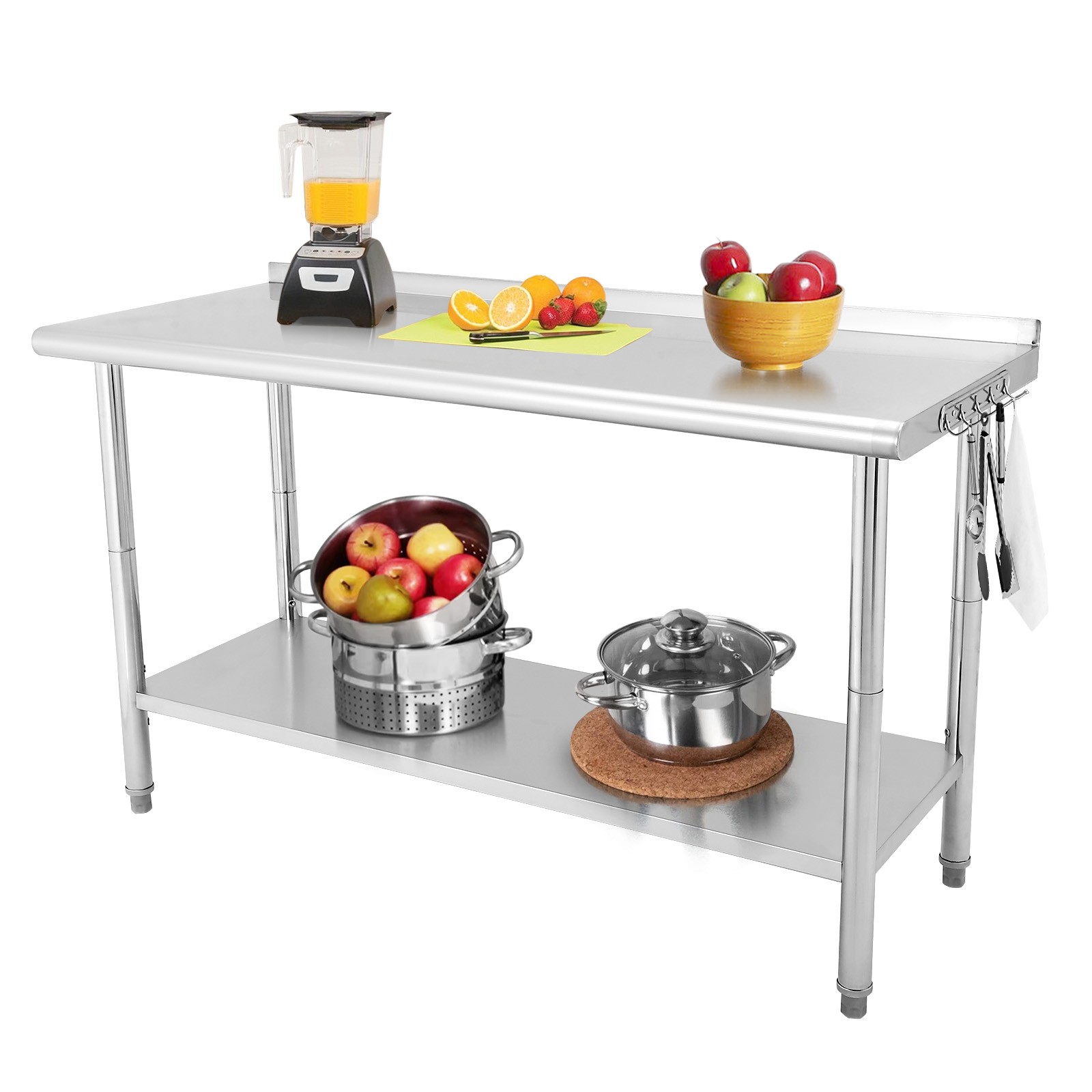 60×24×35″ Stainless Steel Work Table, 2-Tier Commercial Prep Table w/Tool Hooks