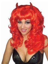 Womens Curly Red Devil Wig with Horns Long Wavy Hair