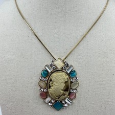Elegant Cameo Pendant Necklace Multi-Color Cabochon Statement Victorian Style