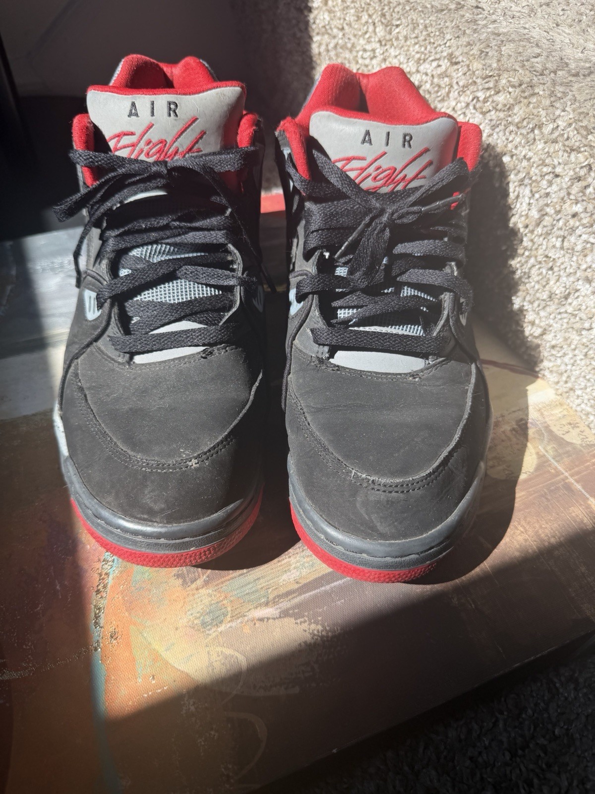 Nike Air Flight Mid Top Black Red Gray Basketball Sneakers Lace Up Rubber