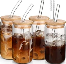 DWTS DANWEITESI Glass Cups with Lids and Straws 4 pcs,16oz Drinking Glasses Set 