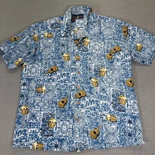 Vintage 90s Roundy Bay Men's Shirt XL Blue Floral Ukulele Hawaiian Aloha Button
