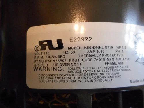 RU  K55HXHKL-8719 Blower Motor 1/2 HP 1075 RPM 4SPD 1PH 115V E22922