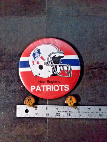 New England Patriots Vintage 6" Pin Back Button & Two 1.5" Vintage Helmet Pins