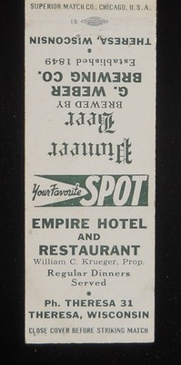 1950s Empire Hotel Pioneer Beer G. Weber Brewing Co. W. C. Krueger Theresa WI MB