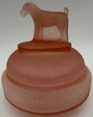 Vintage 1930s L.E. Smith Standing Terrier Powder Jar Pink Frosted Satin Glass