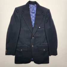 Vtg USA MADE 34S Navy Thick Knit Poly Military Crest Button 1960s Mens Blazer