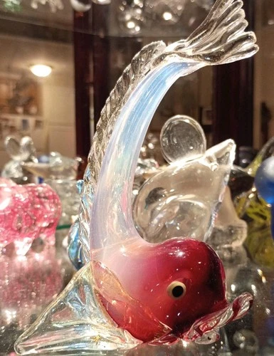 Vintage MURANO Art Glass Opalino  Pink  Iridescent Fish Sculpture Figurine 7"